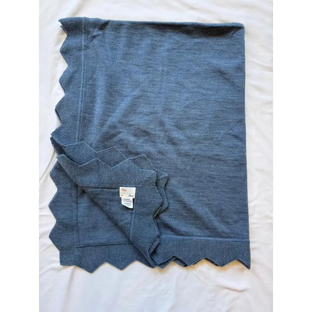 EUC Oso & Me Graham Blanket Blue Merino Wool Baby Toddler Receiving 45 x 35